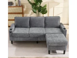Hauss Spole Sofá de canto reversível de 3 lugares em linho cinza, com portas USB e Tipo C - 202x137x80cm^ Sofá