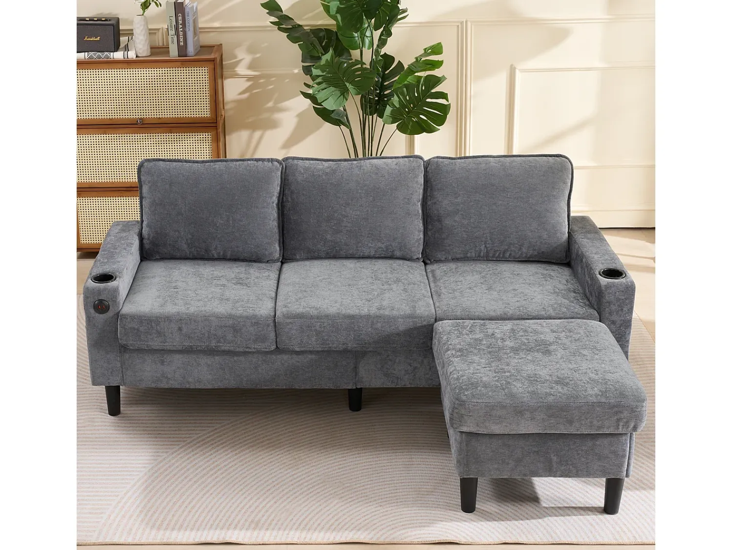 Hauss Spole Sofá de canto reversível de 3 lugares em linho cinza, com portas USB e Tipo C - 202x137x80cm^ Sofá
