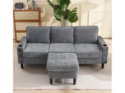 Hauss Spole Sofá de canto reversível de 3 lugares em linho cinza, com portas USB e Tipo C - 202x137x80cm^ Sofá