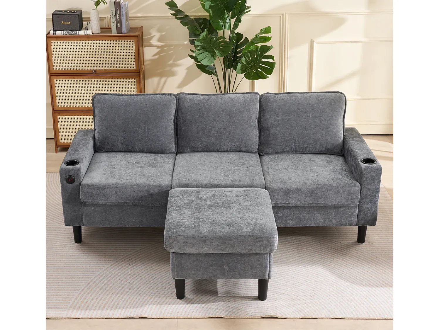 Hauss Spole Sofá de canto reversível de 3 lugares em linho cinza, com portas USB e Tipo C - 202x137x80cm^ Sofá