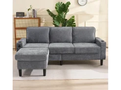 Hauss Spole Sofá de canto reversível de 3 lugares em linho cinza, com portas USB e Tipo C - 202x137x80cm^ Sofá