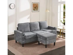 Hauss Spole Sofá de canto reversível de 3 lugares em linho cinza, com portas USB e Tipo C - 202x137x80cm^ Sofá