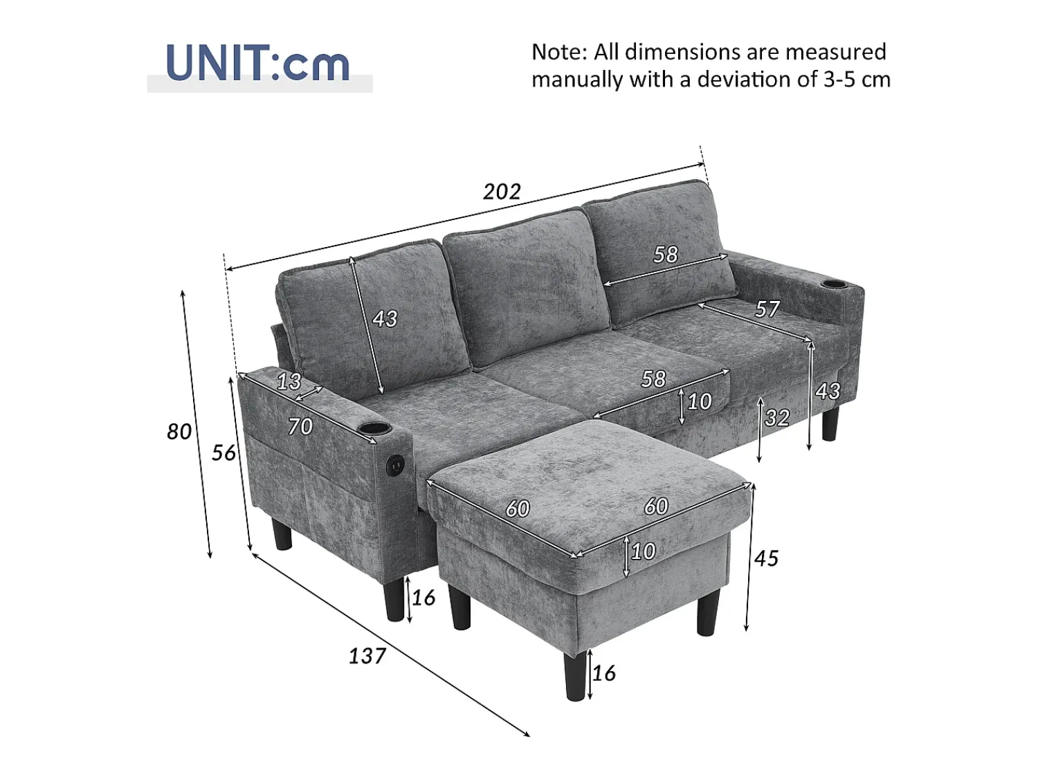 Hauss Spole Sofá de canto reversível de 3 lugares em linho cinza, com portas USB e Tipo C - 202x137x80cm^ Sofá