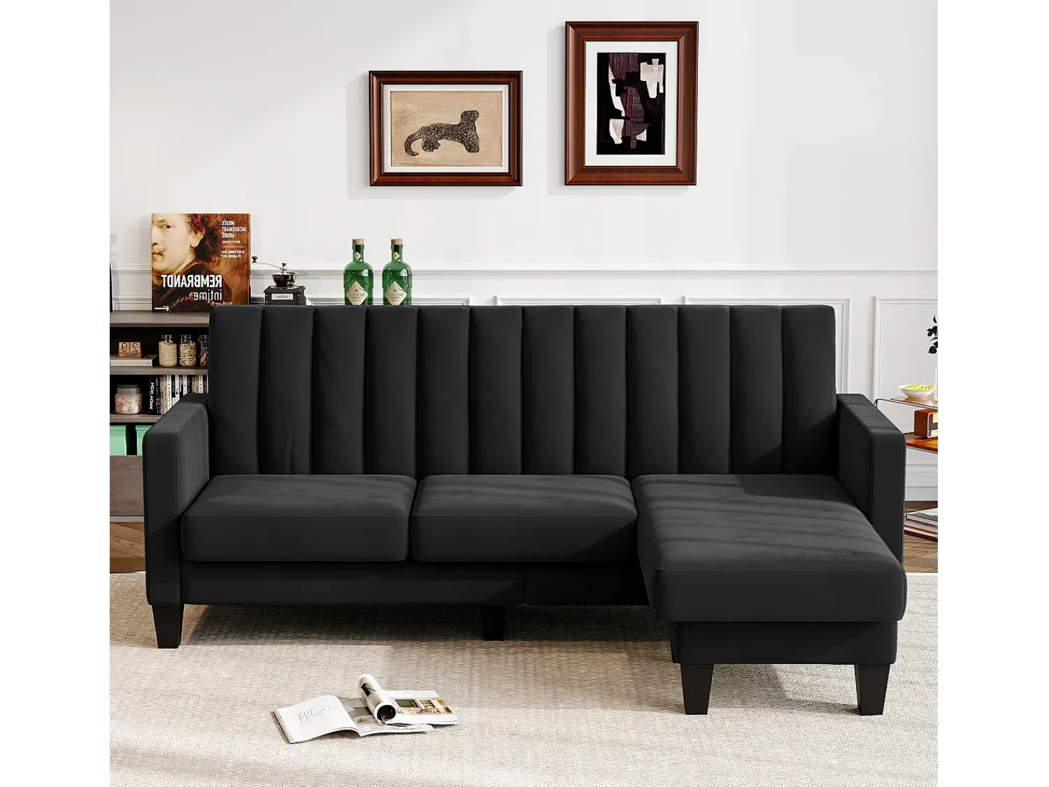 Sofá|DripeX Sofá de canto reversível de 3/4 do lugar em tecido - meridiano ou pouf - listras verticais - 208x76x85cm Preto
