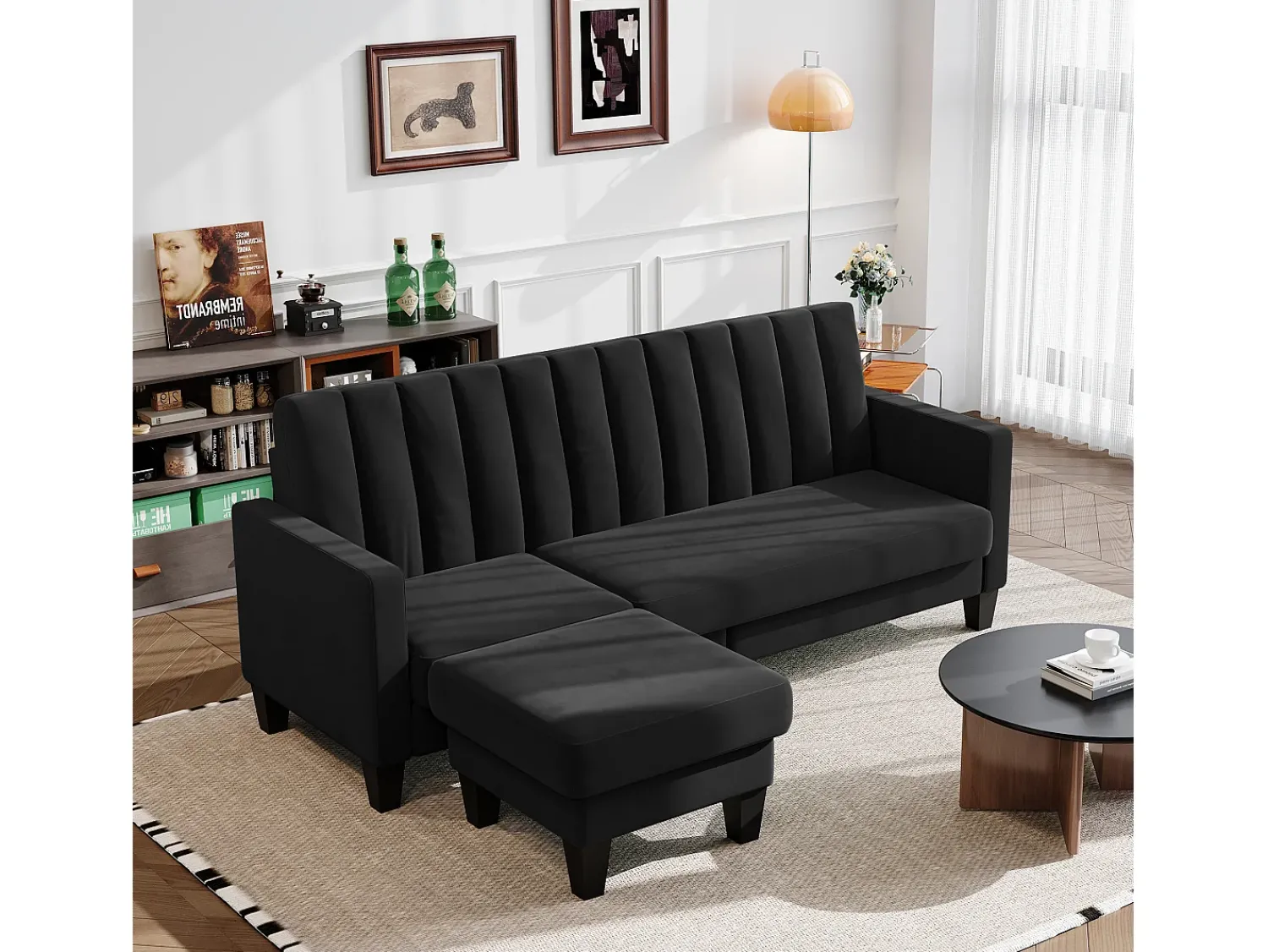 Sofá|DripeX Sofá de canto reversível de 3/4 do lugar em tecido - meridiano ou pouf - listras verticais - 208x76x85cm Preto