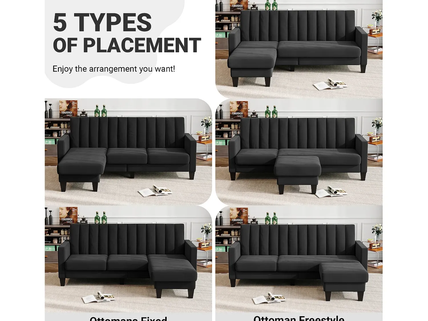 Sofá|DripeX Sofá de canto reversível de 3/4 do lugar em tecido - meridiano ou pouf - listras verticais - 208x76x85cm Preto