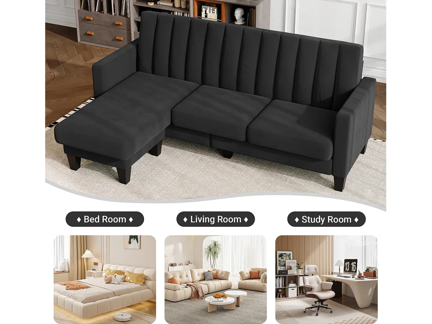 Sofá|DripeX Sofá de canto reversível de 3/4 do lugar em tecido - meridiano ou pouf - listras verticais - 208x76x85cm Preto