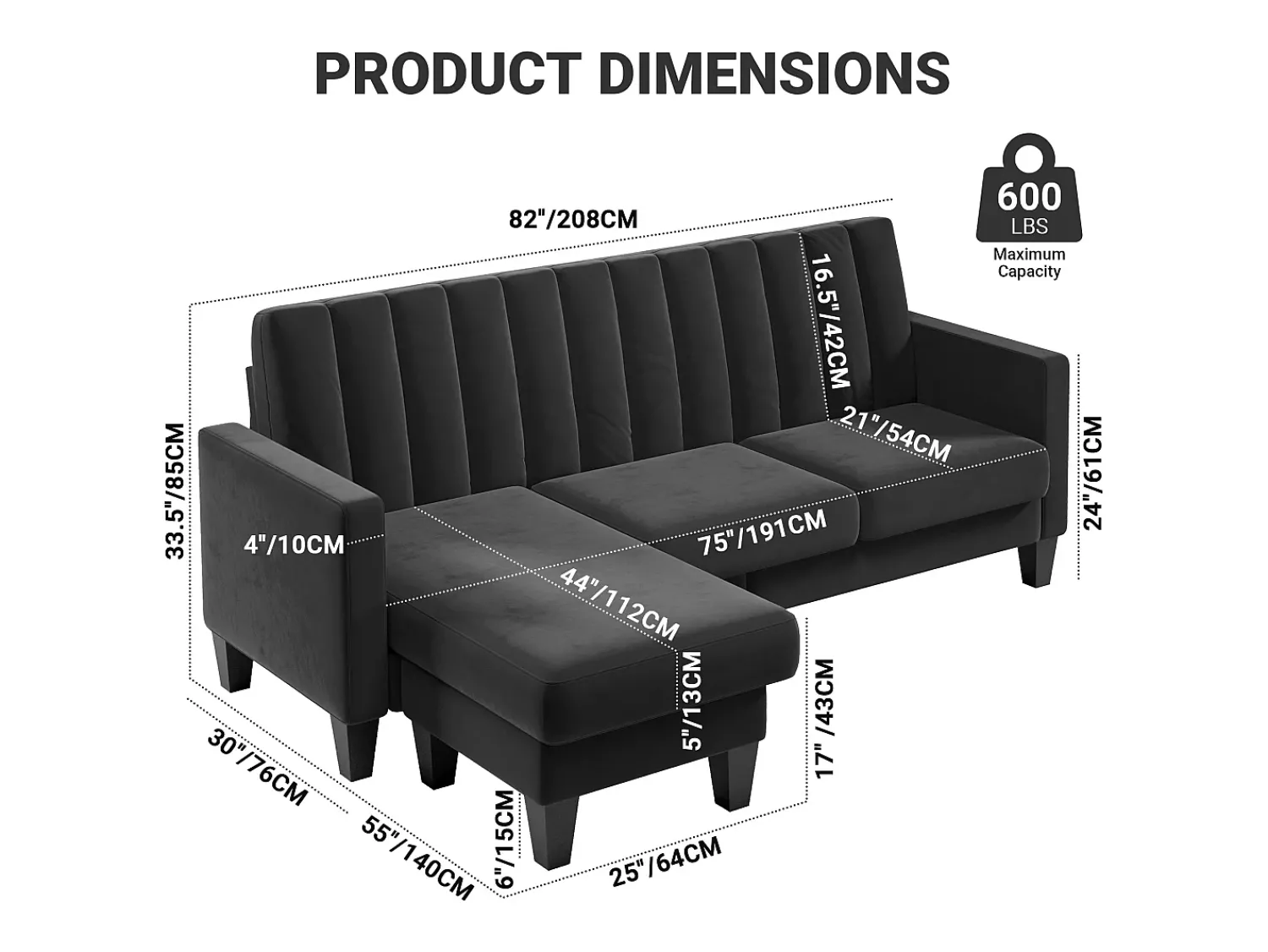 Sofá|DripeX Sofá de canto reversível de 3/4 do lugar em tecido - meridiano ou pouf - listras verticais - 208x76x85cm Preto