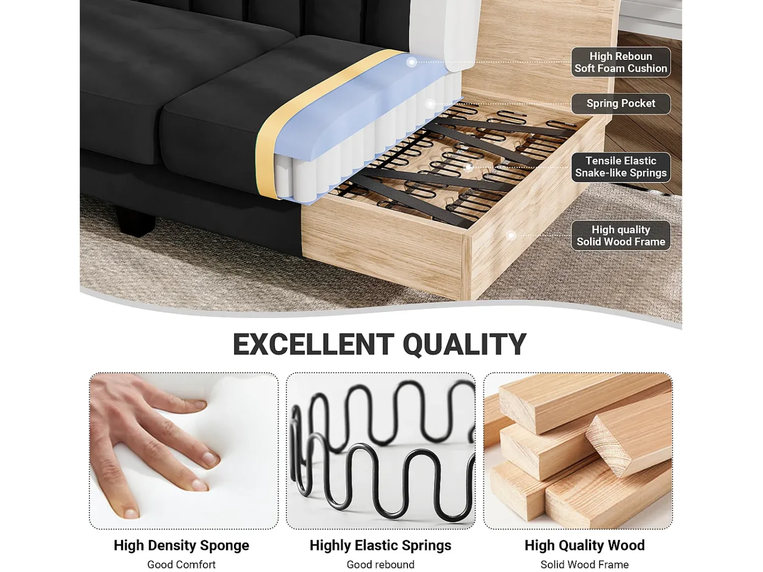 Sofá|DripeX Sofá de canto reversível de 3/4 do lugar em tecido - meridiano ou pouf - listras verticais - 208x76x85cm Preto