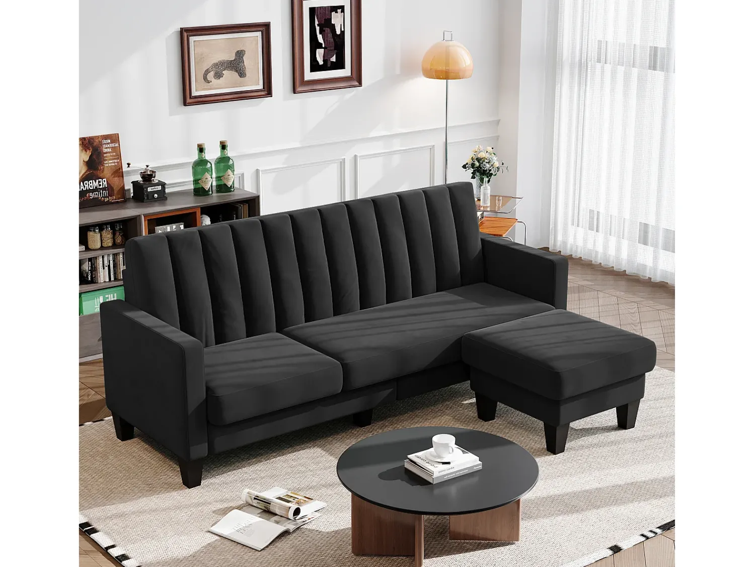 Sofá|DripeX Sofá de canto reversível de 3/4 do lugar em tecido - meridiano ou pouf - listras verticais - 208x76x85cm Preto