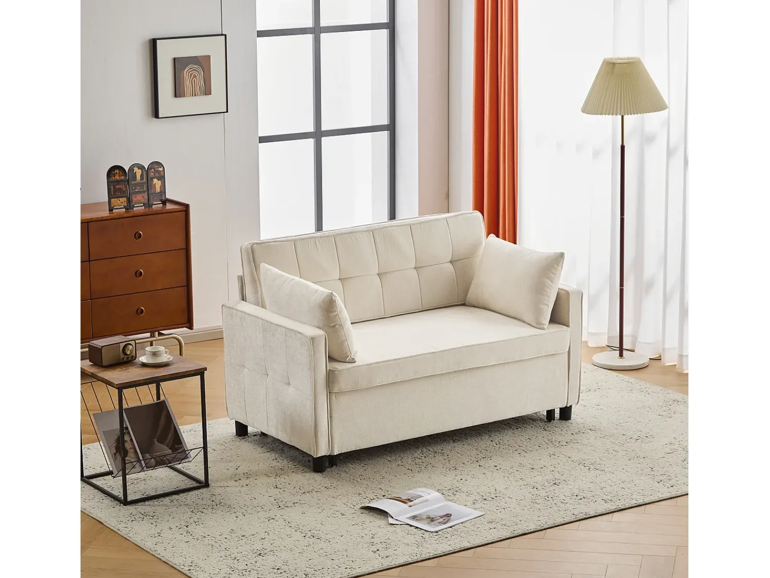 Sofá* Sofá de dois lugares, sofá para sala de estar, sofá com função de cama, encosto ajustável, tecido chenille, Bege
