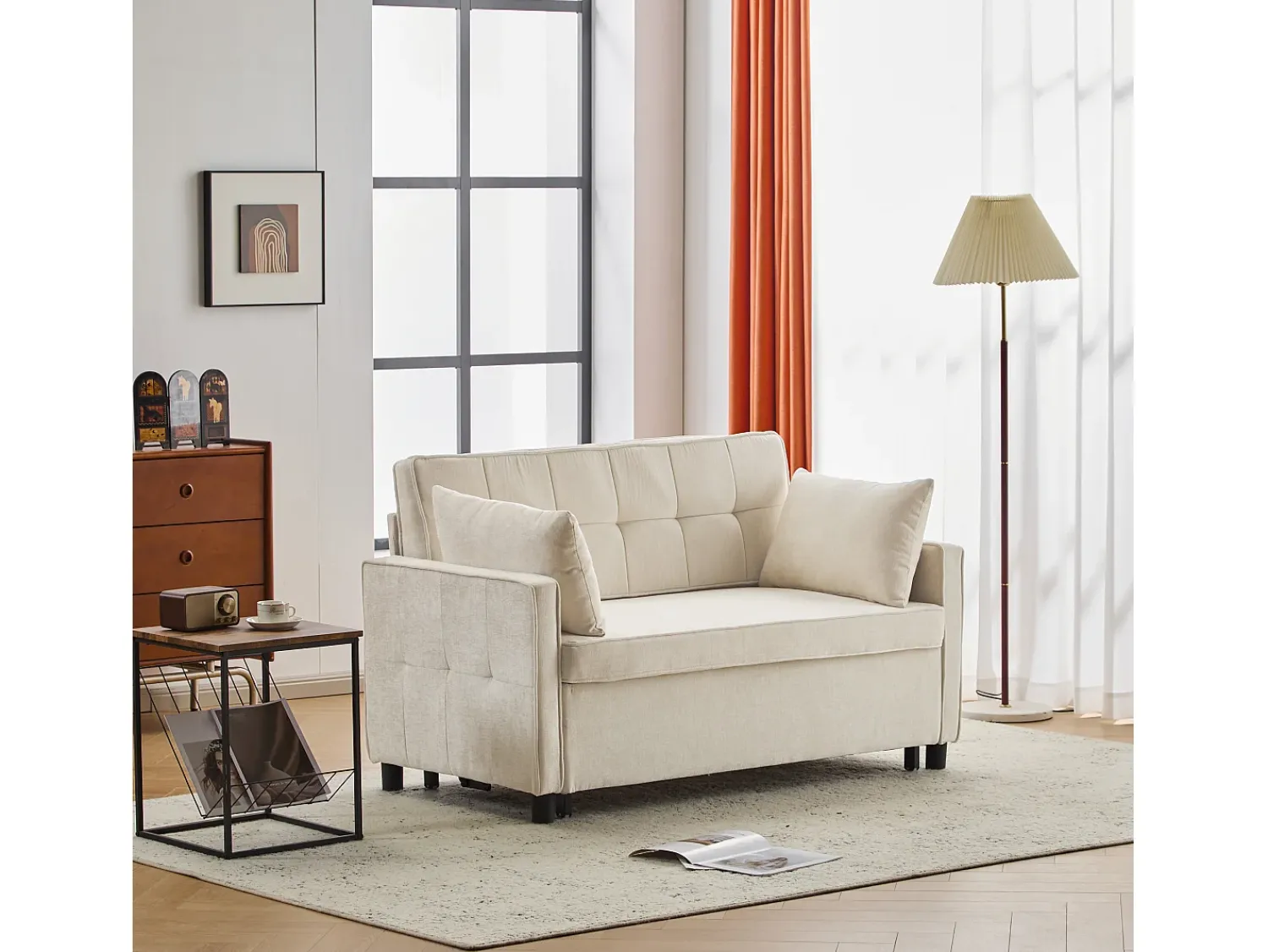 Sofá* Sofá de dois lugares, sofá para sala de estar, sofá com função de cama, encosto ajustável, tecido chenille, Bege