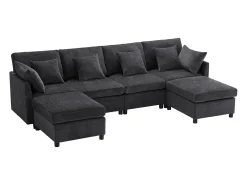 Hauss Spole Sofá de quatro lugares em tecido chenille com 2 pufes e 6 almofadas.^ Sofá