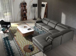 Angel Cerda Sofá de relaxamento com chaise longue direita em pele cinzenta escura 6111^ Sofá
