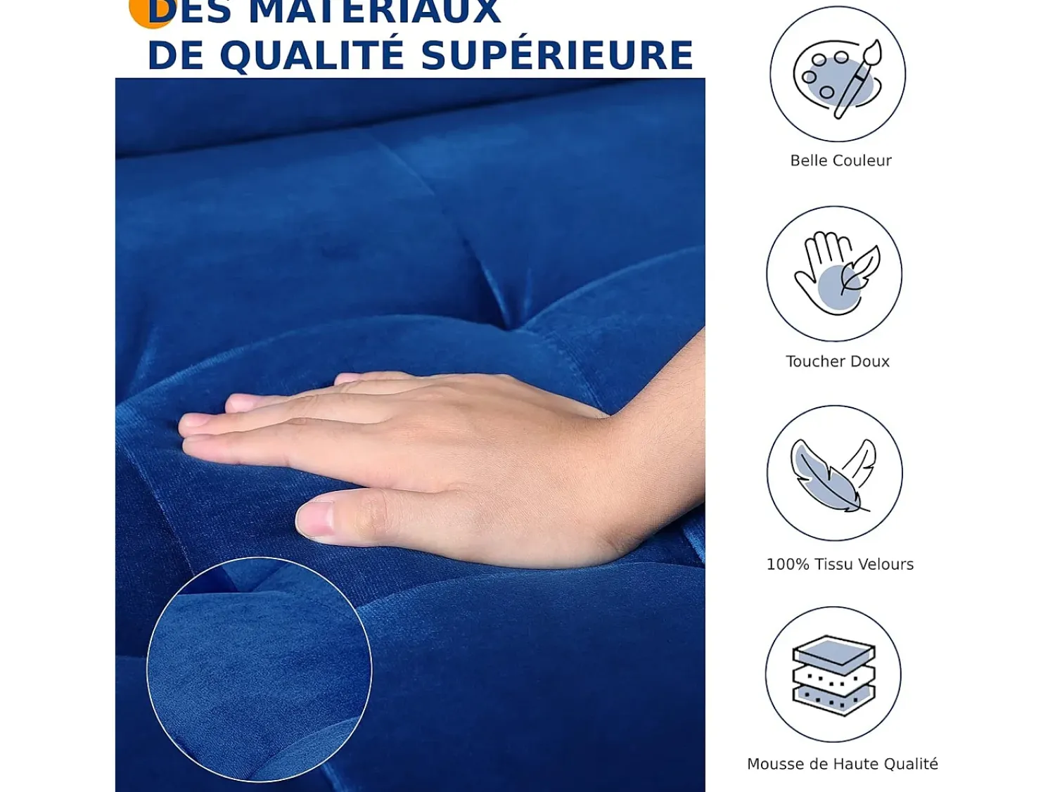 Hot DripeX Sofá de veludo de 2 -Set, mini sofá de quarto com apoios de braços, pés de madeira cônica, sofá fixado um encosto de baixo Azul