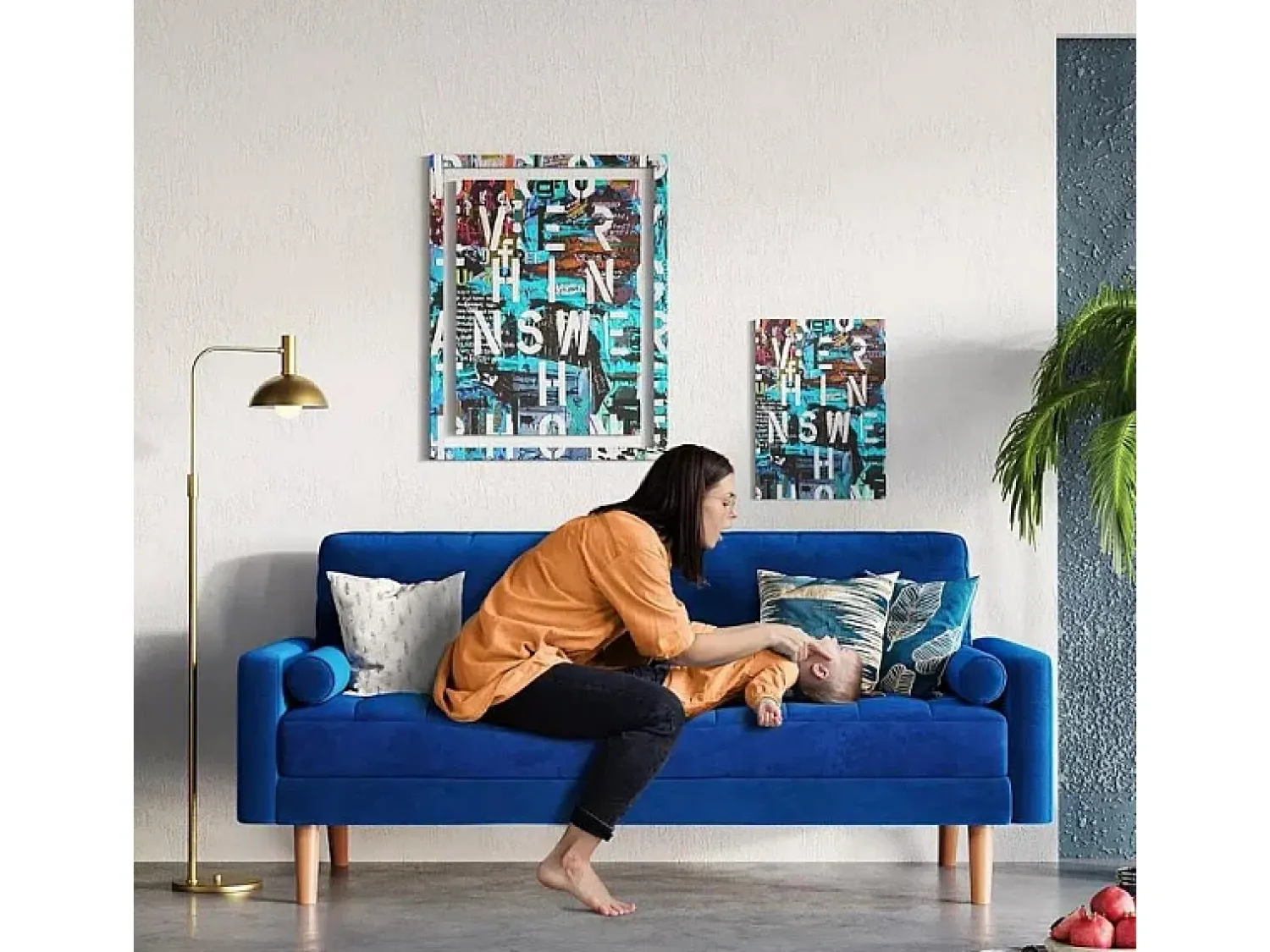 Hot DripeX Sofá de veludo de 2 -Set, mini sofá de quarto com apoios de braços, pés de madeira cônica, sofá fixado um encosto de baixo Azul