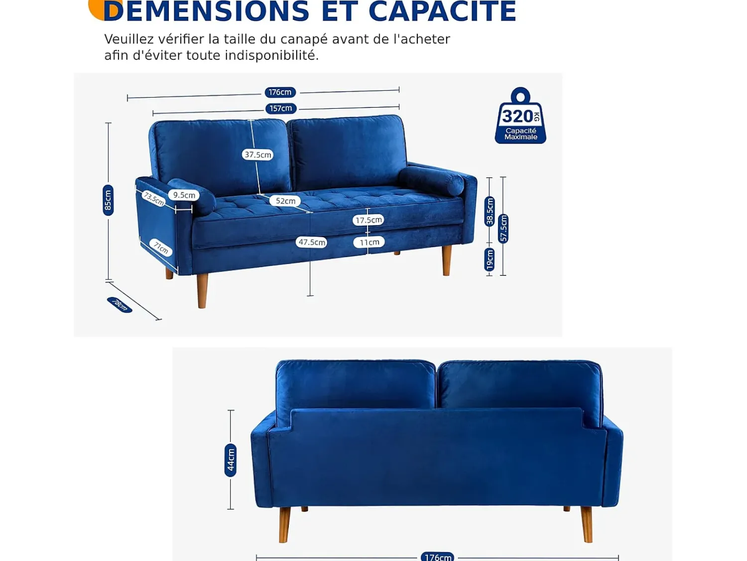 Hot DripeX Sofá de veludo de 2 -Set, mini sofá de quarto com apoios de braços, pés de madeira cônica, sofá fixado um encosto de baixo Azul