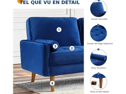 Hot DripeX Sofá de veludo de 2 -Set, mini sofá de quarto com apoios de braços, pés de madeira cônica, sofá fixado um encosto de baixo Azul