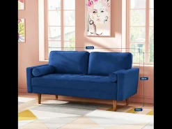 Sofá*DripeX Sofá de veludo moderno de 2 -sofá de veludo, braços acolchoados, madeira maciça, madeira macia, 143x77x86cm Azul