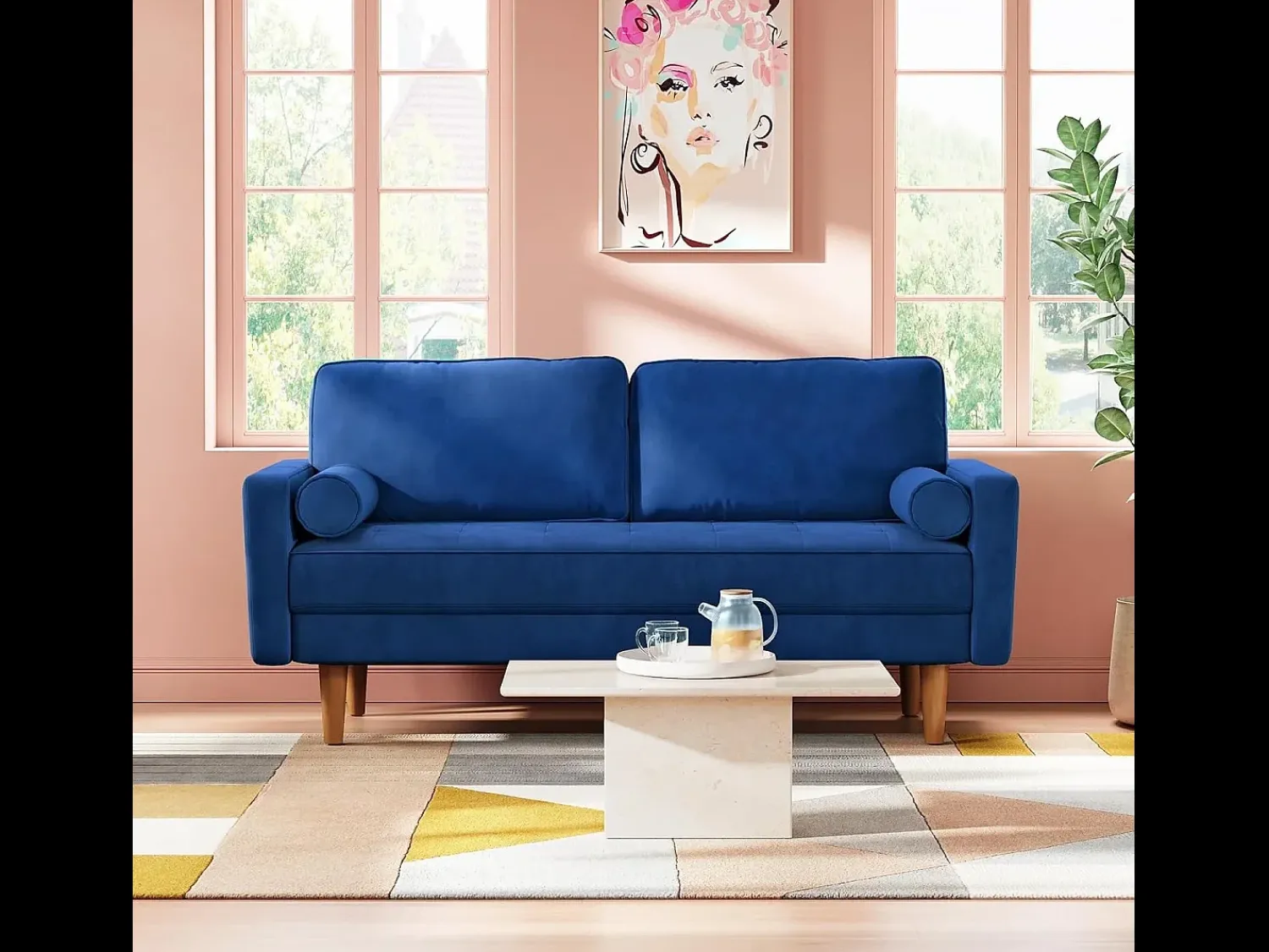 Sofá*DripeX Sofá de veludo moderno de 2 -sofá de veludo, braços acolchoados, madeira maciça, madeira macia, 143x77x86cm Azul