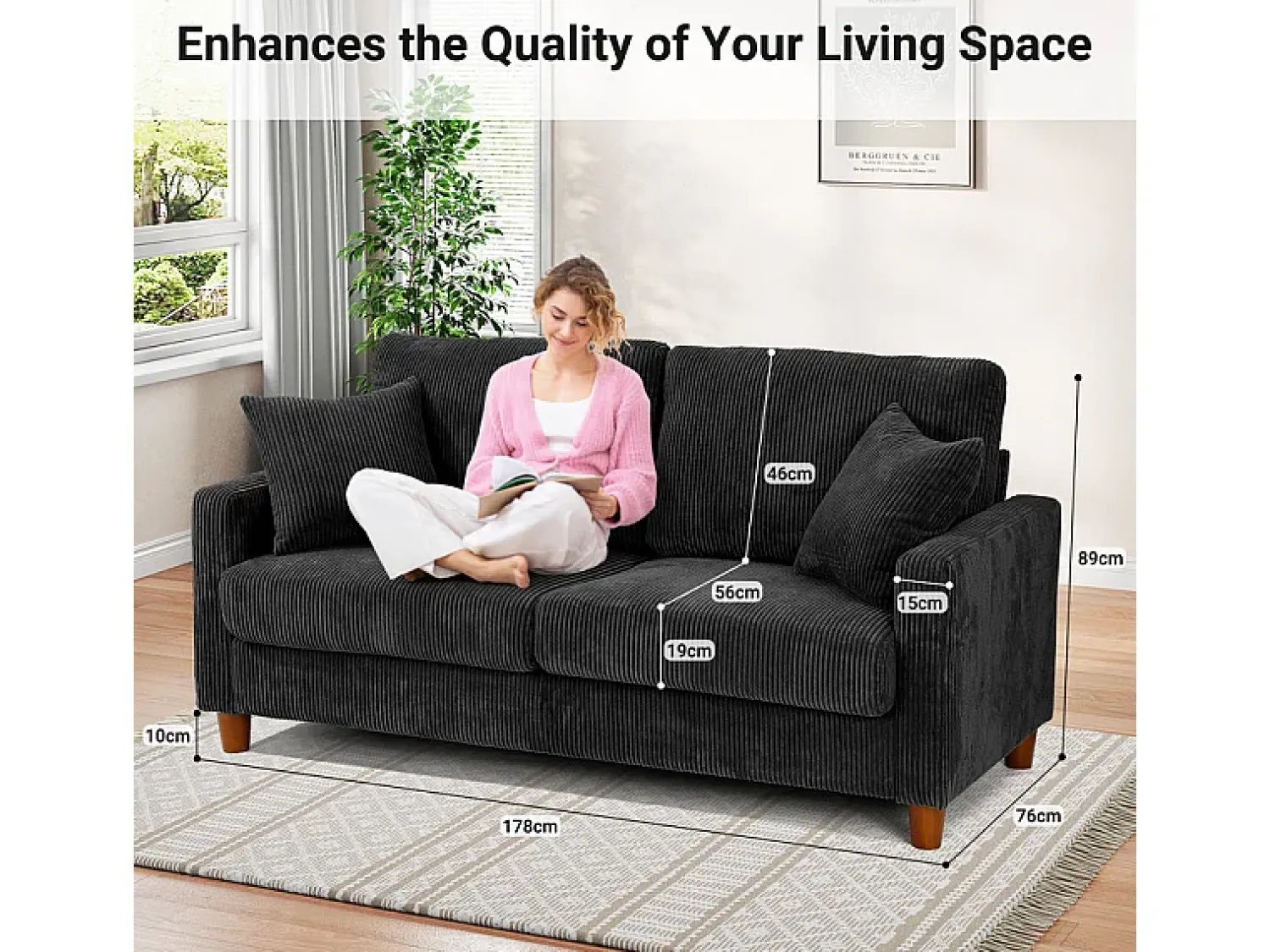 DripeX Sofá de Veludo Caneado 2 Lugares, com 2 Almofadas, assentos profundos de 56cm, 178x76x89cm,^ Sofá