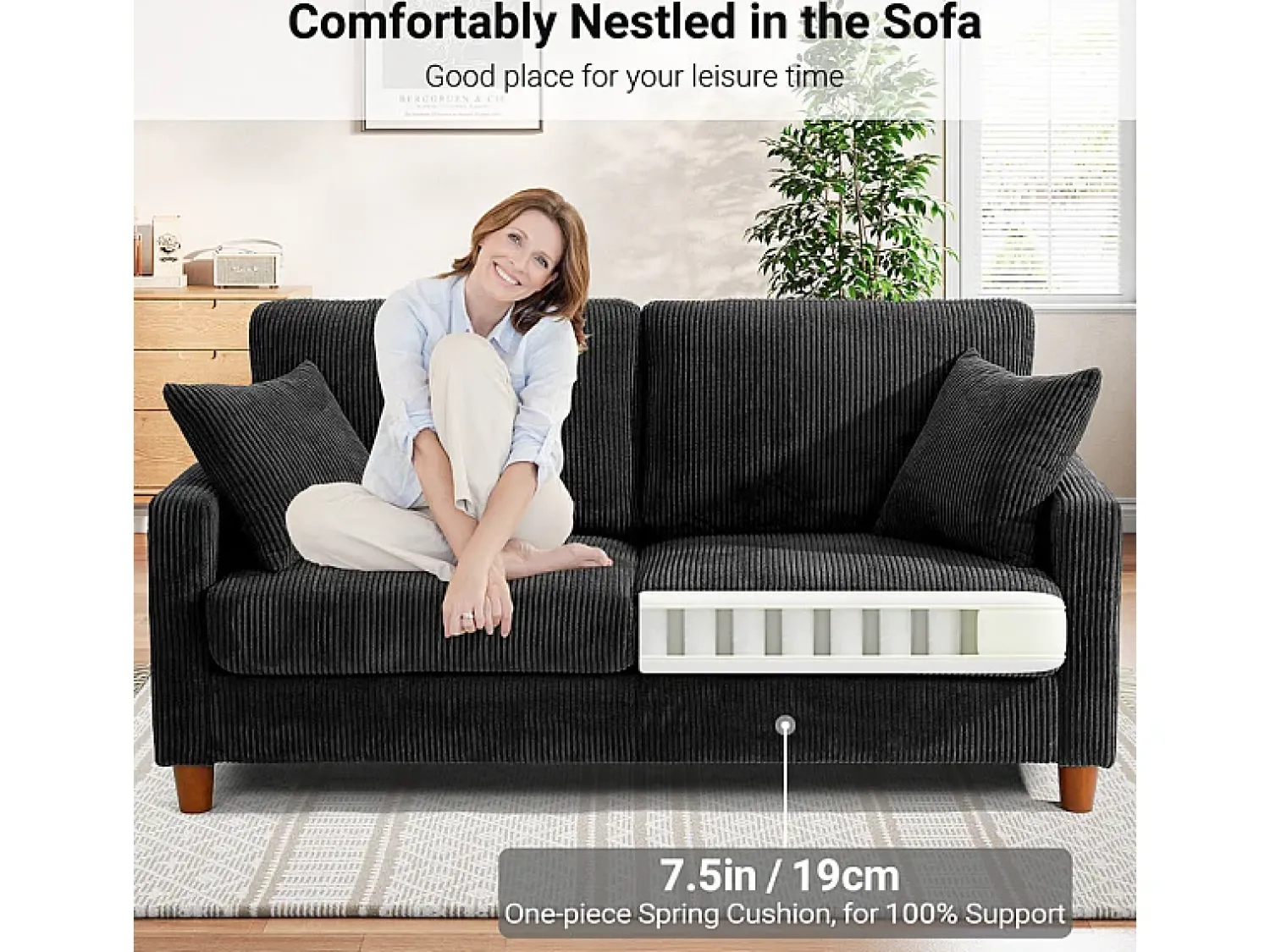 DripeX Sofá de Veludo Caneado 2 Lugares, com 2 Almofadas, assentos profundos de 56cm, 178x76x89cm,^ Sofá