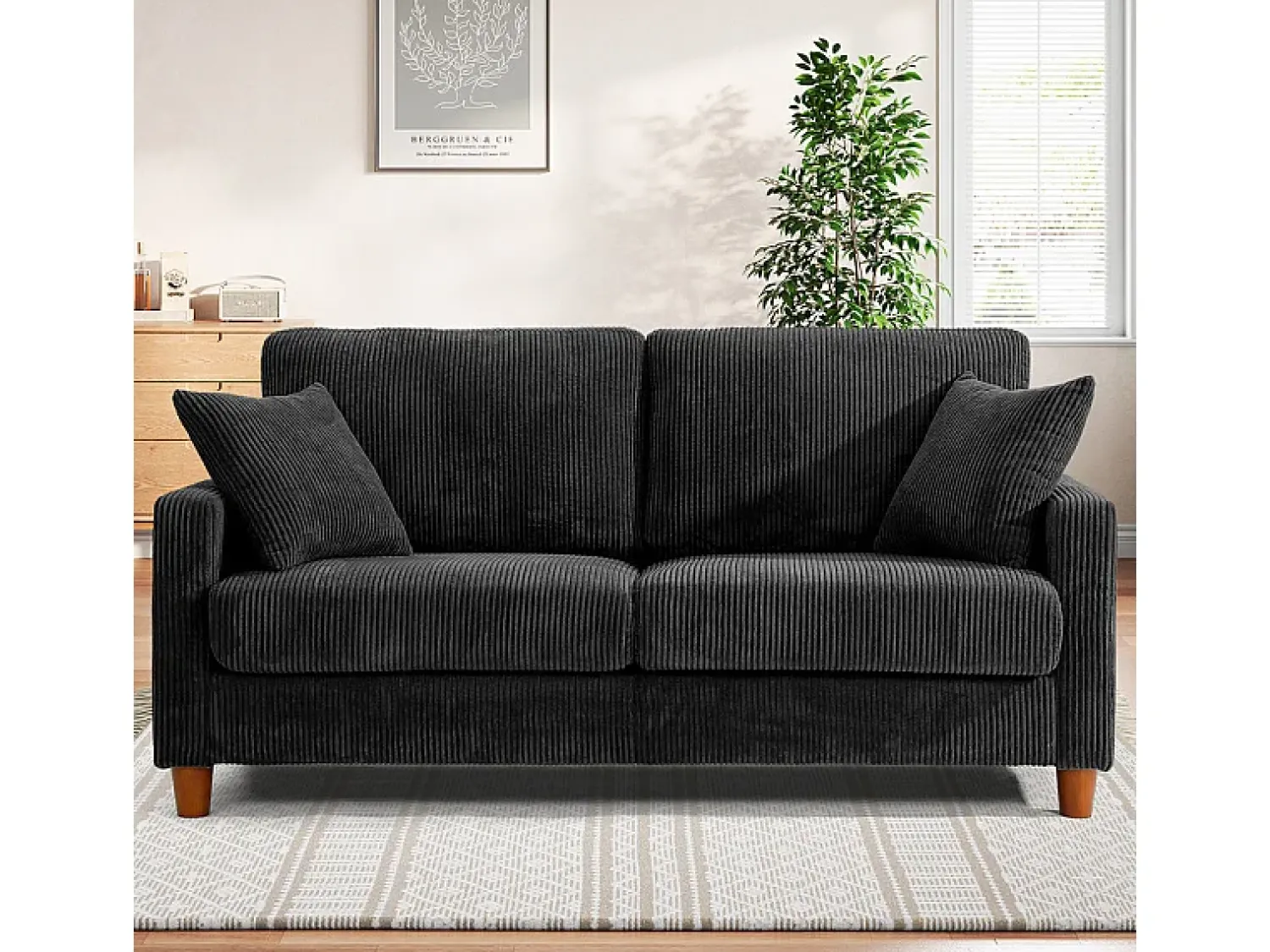 DripeX Sofá de Veludo Caneado 2 Lugares, com 2 Almofadas, assentos profundos de 56cm, 178x76x89cm,^ Sofá