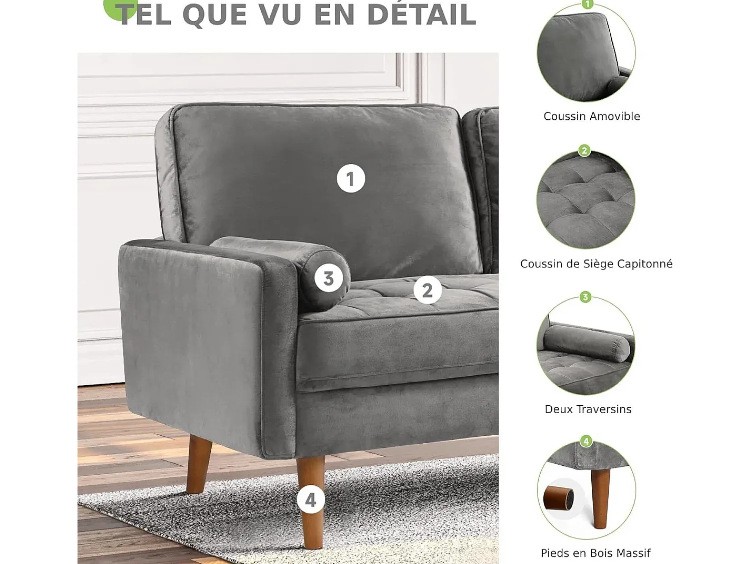 DripeX Sofá de veludo cinza de 2 - sofá de veludo cinza, mini sofá de quarto, com apoios de braços cônicos e pés, uma região lombar - 148,5x78x85cm^ Sofá