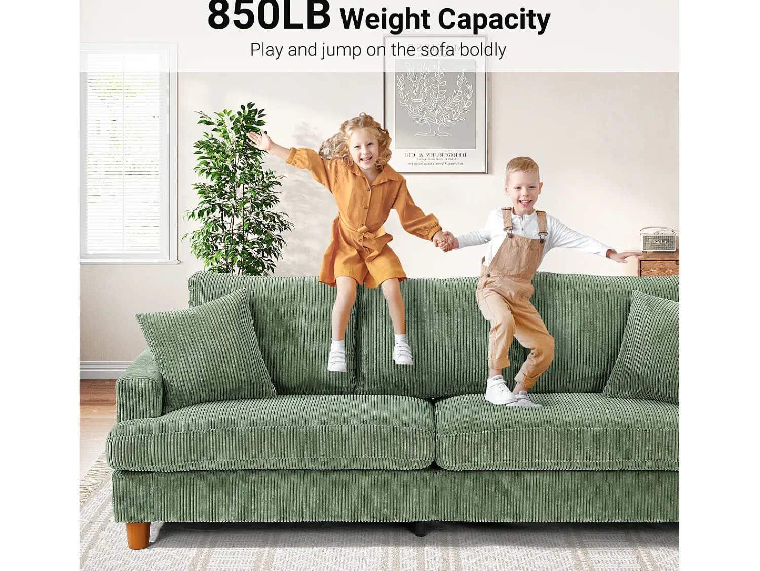 DripeX Sofá de veludo com nervuras com telhas de 3, grande sofá reto e acolchoado moderno com assentos extras profundos de 53cm - 2 almofadas - 220x76x84cm -^ Sofá