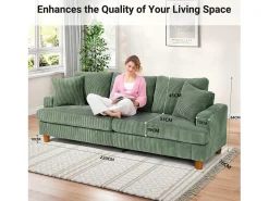 DripeX Sofá de veludo com nervuras com telhas de 3, grande sofá reto e acolchoado moderno com assentos extras profundos de 53cm - 2 almofadas - 220x76x84cm -^ Sofá