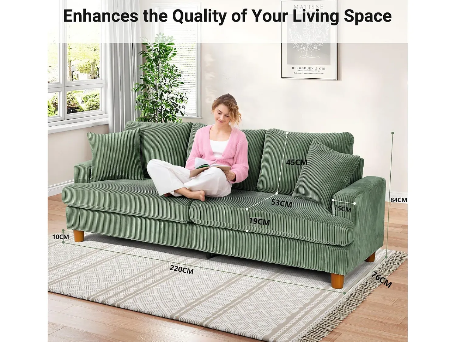 DripeX Sofá de veludo com nervuras com telhas de 3, grande sofá reto e acolchoado moderno com assentos extras profundos de 53cm - 2 almofadas - 220x76x84cm -^ Sofá
