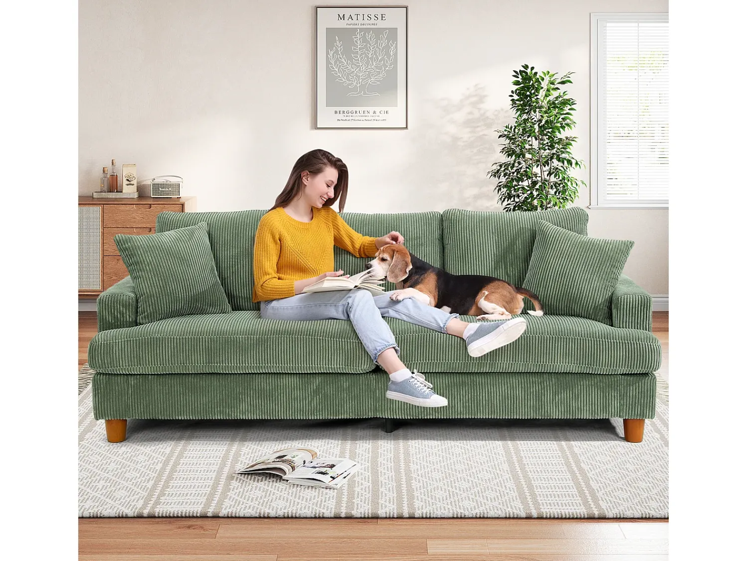 DripeX Sofá de veludo com nervuras com telhas de 3, grande sofá reto e acolchoado moderno com assentos extras profundos de 53cm - 2 almofadas - 220x76x84cm -^ Sofá