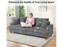 Sofá|DripeX Sofá de veludo com nervuras com telhas de 3, grande sofá reto moderno acolchoado com assentos extras profundos de 53 cm - 2 almofadas - 220x76x84cm - cinza cinza Cinzento