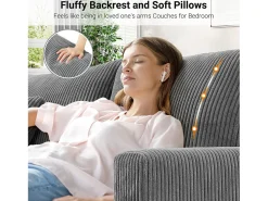 Sofá|DripeX Sofá de veludo com nervuras com telhas de 3, grande sofá reto moderno acolchoado com assentos extras profundos de 53 cm - 2 almofadas - 220x76x84cm - cinza cinza Cinzento