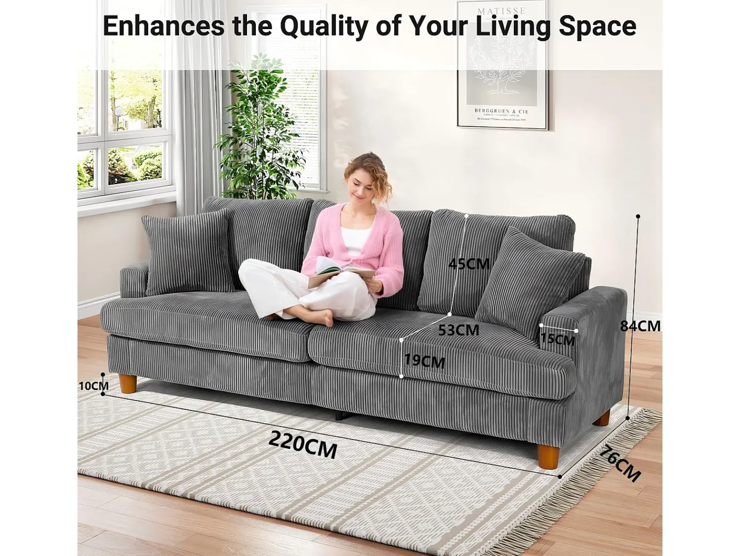 Sofá|DripeX Sofá de veludo com nervuras com telhas de 3, grande sofá reto moderno acolchoado com assentos extras profundos de 53 cm - 2 almofadas - 220x76x84cm - cinza cinza Cinzento