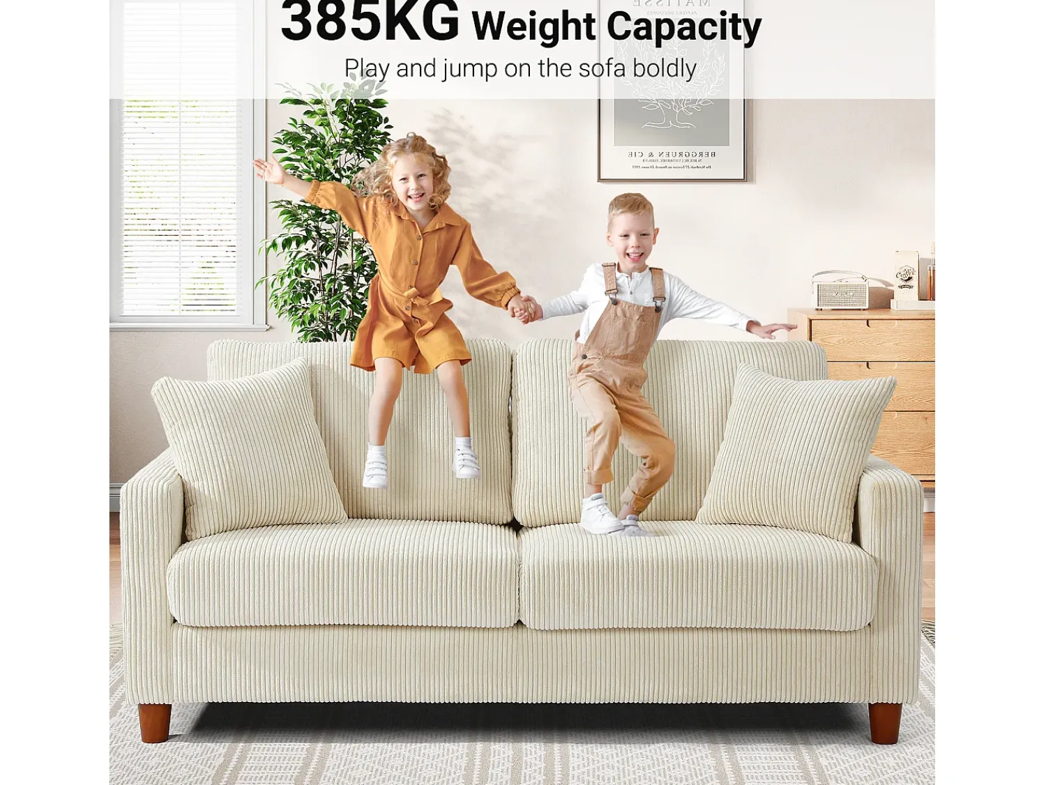 Hot DripeX Sofá de veludo cotelê de 2 lugares, Sofá estofado moderno reto grande com assentos extra profundos 56cm - 2 almofadas - 178x76x89cm - Bege