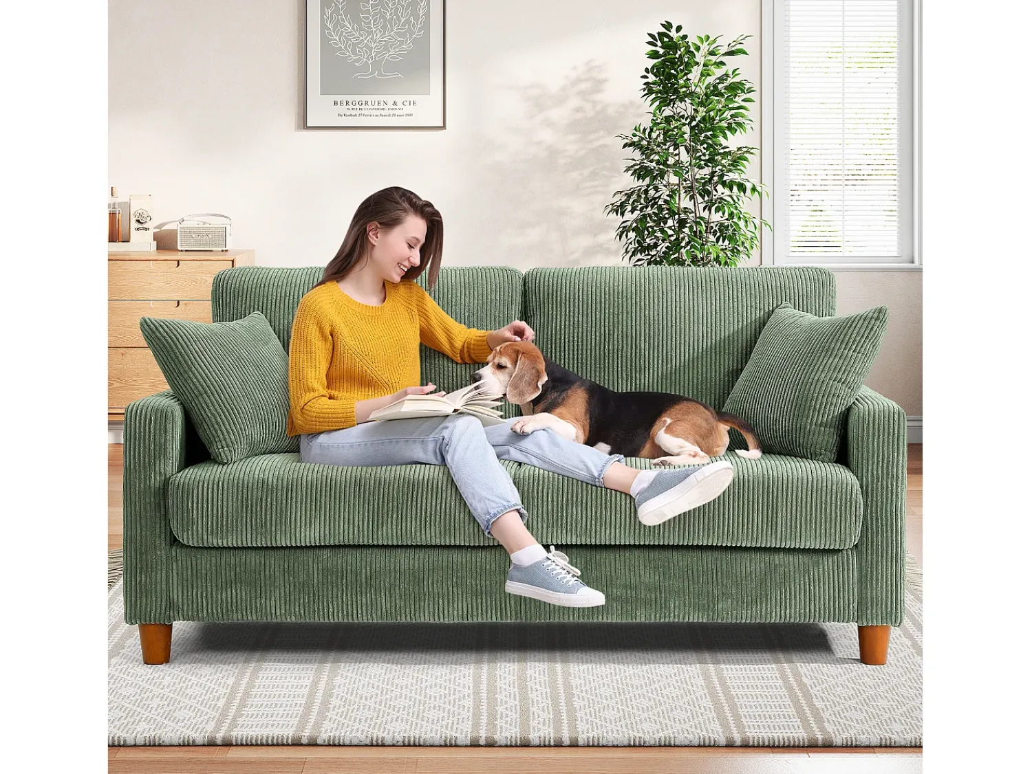 Clearance DripeX Sofá de veludo cotelê de 2 lugares, Sofá estofado moderno reto grande com assentos extra profundos 56cm - 2 almofadas - 178x76x89cm - Verde