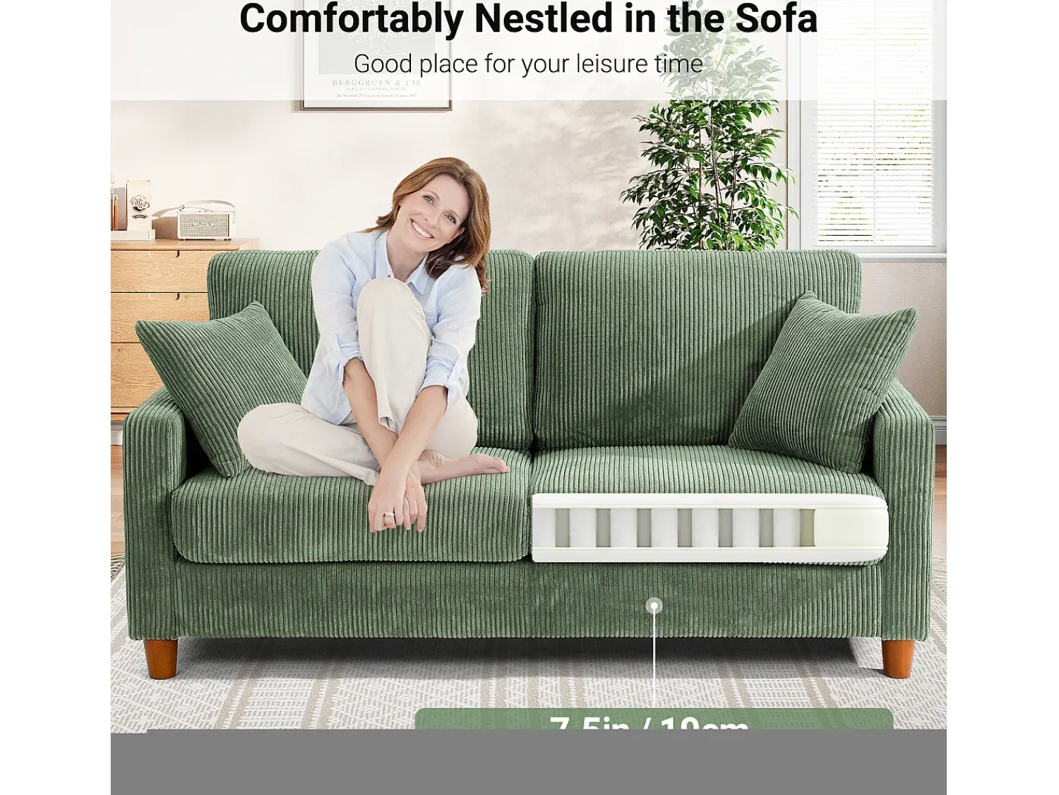 Clearance DripeX Sofá de veludo cotelê de 2 lugares, Sofá estofado moderno reto grande com assentos extra profundos 56cm - 2 almofadas - 178x76x89cm - Verde