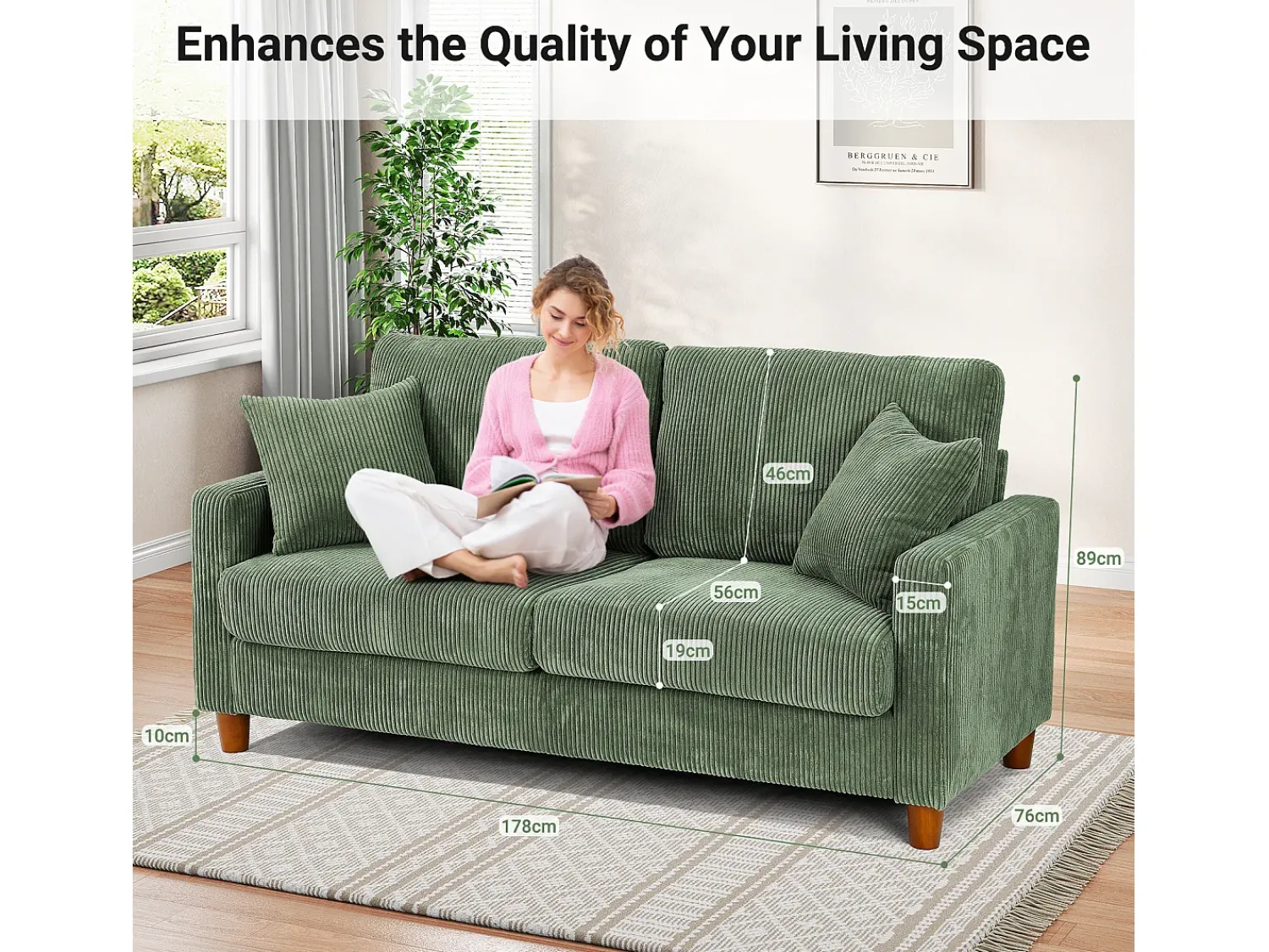 Clearance DripeX Sofá de veludo cotelê de 2 lugares, Sofá estofado moderno reto grande com assentos extra profundos 56cm - 2 almofadas - 178x76x89cm - Verde