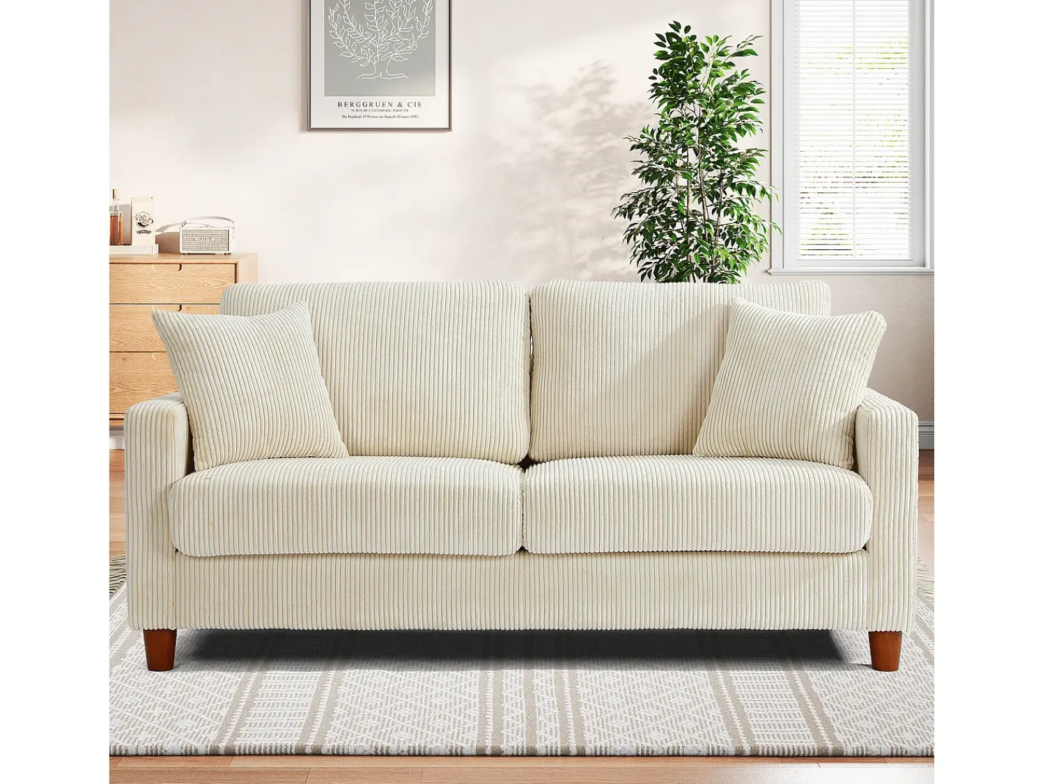 Sofá|DripeX Sofá de veludo de 2 -sete, com 2 almofadas, assentos profundos de 56cm, 178x76x89cm, Bege