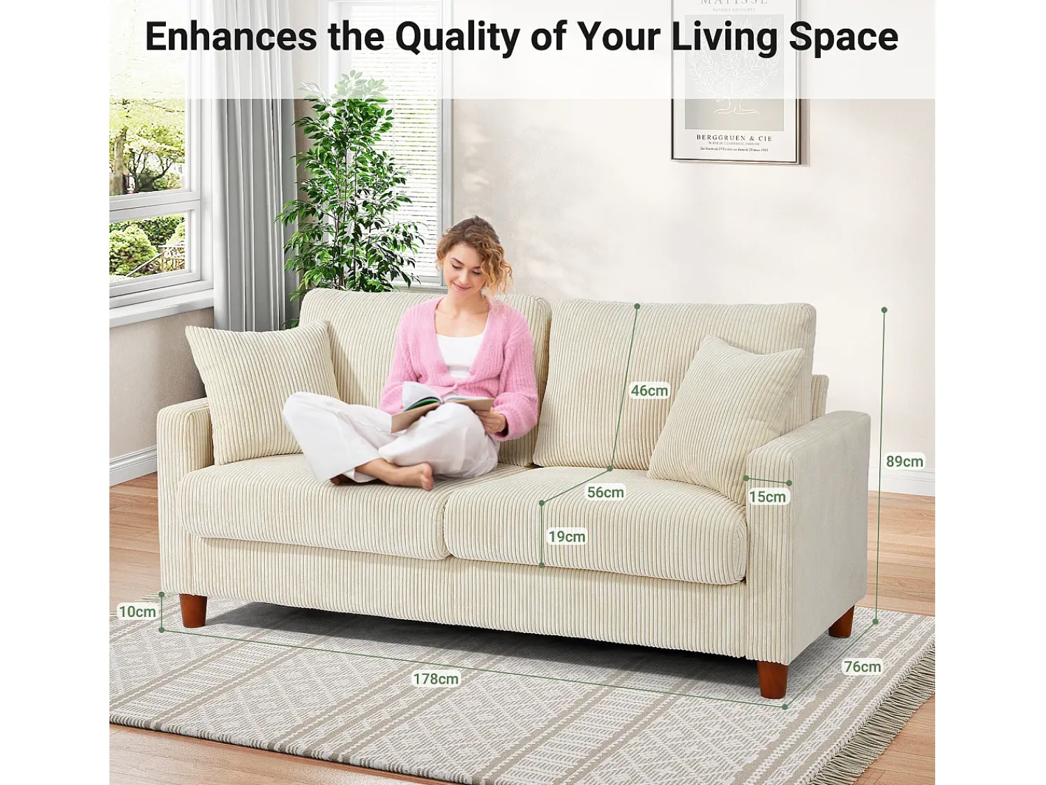 Sofá|DripeX Sofá de veludo de 2 -sete, com 2 almofadas, assentos profundos de 56cm, 178x76x89cm, Bege