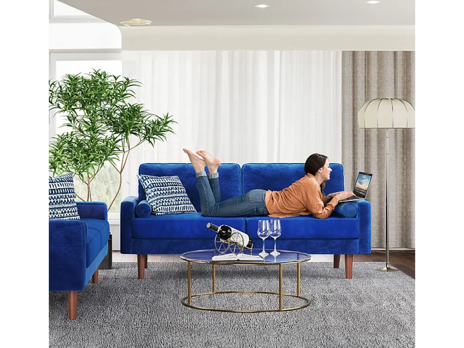 Sofá*DripeX Sofá de veludo direito e madeira maciça - 3 lugares - carga máxima 300kg - 176x78x85cm Azul