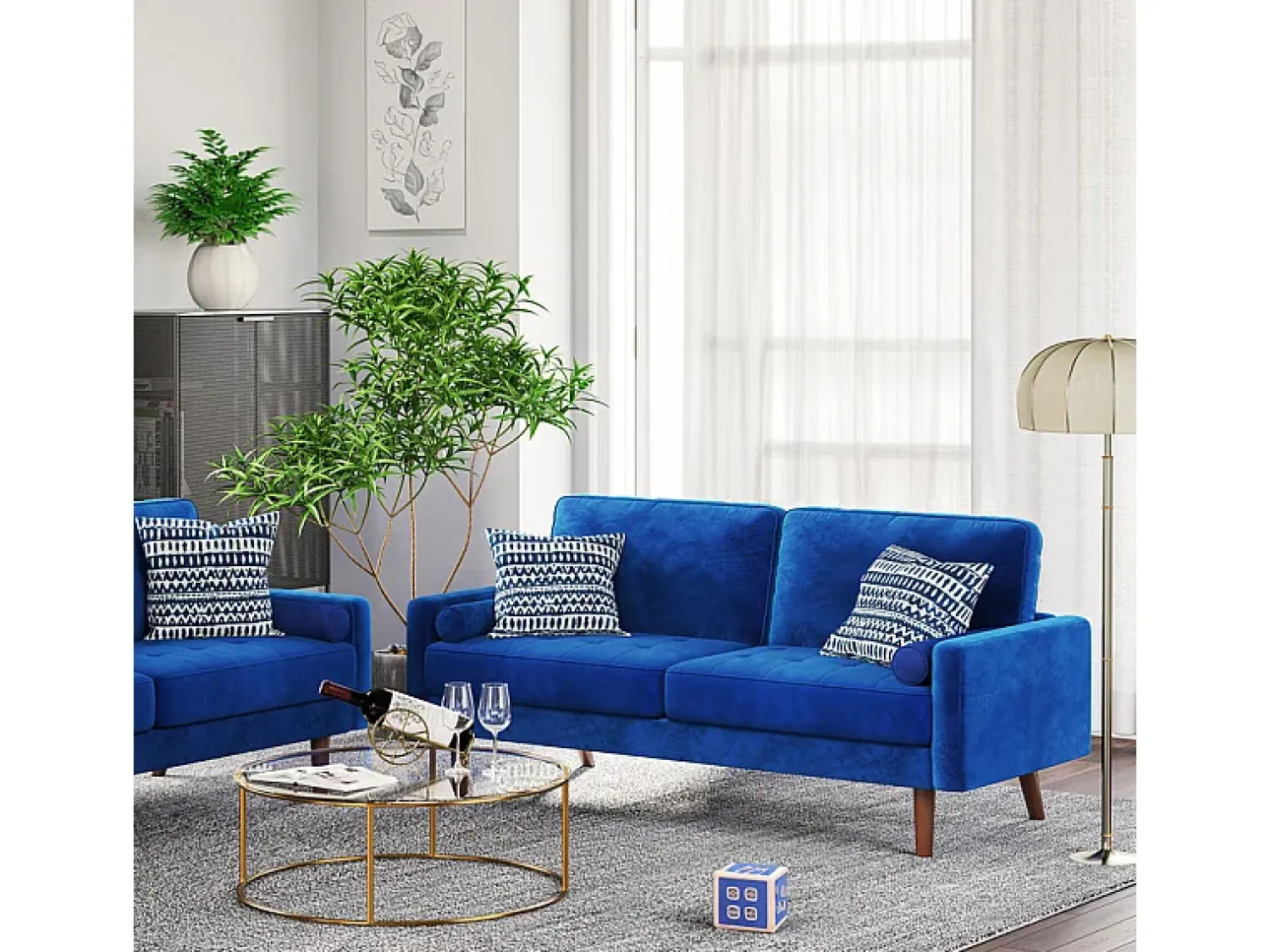 Sofá*DripeX Sofá de veludo direito e madeira maciça - 3 lugares - carga máxima 300kg - 176x78x85cm Azul