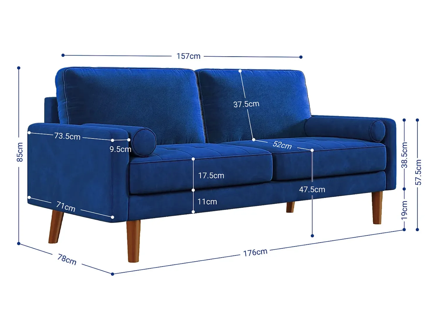 Sofá*DripeX Sofá de veludo direito e madeira maciça - 3 lugares - carga máxima 300kg - 176x78x85cm Azul