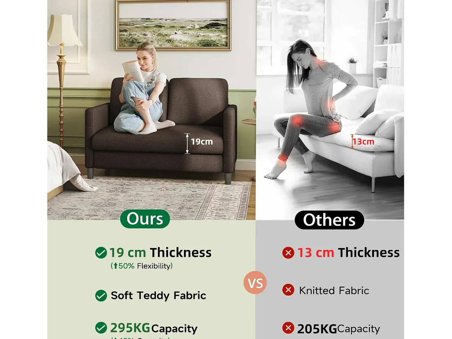 Sofá|DripeX Sofá de veludo marrom e confortável de 2 - Sofá de veludo marrom, com assento profundo de 55cm e apoios de braços - 128x78x89cm Castanho