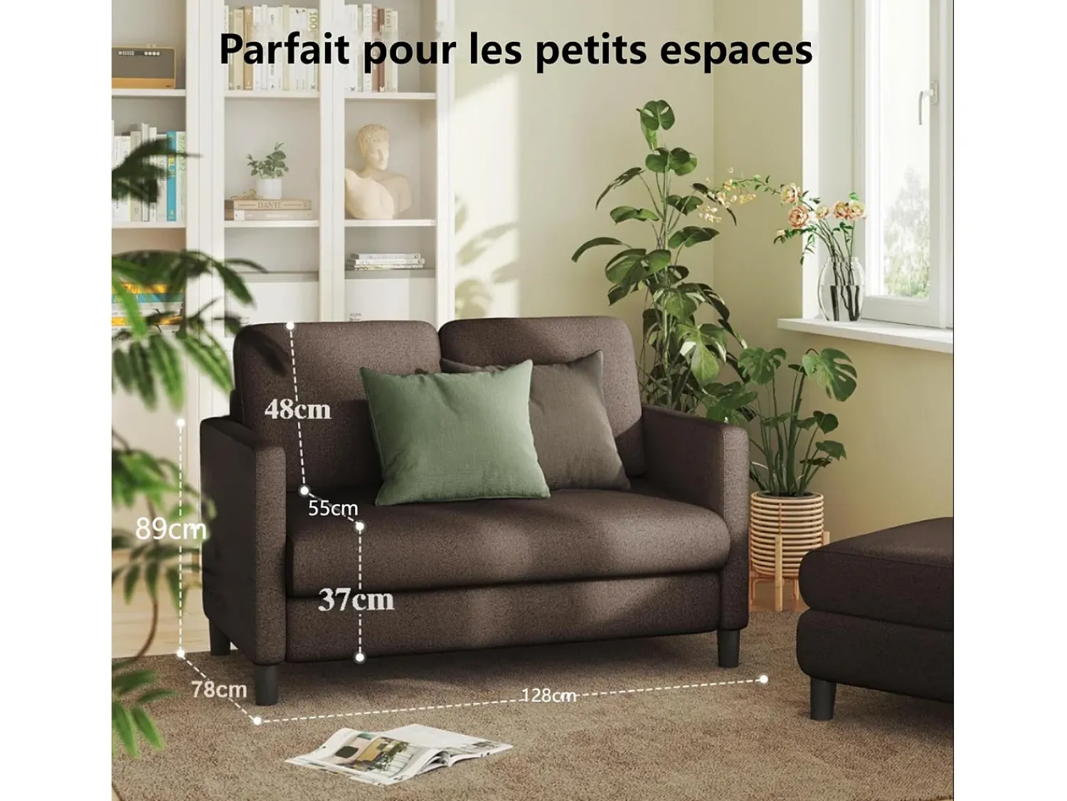 Sofá|DripeX Sofá de veludo marrom e confortável de 2 - Sofá de veludo marrom, com assento profundo de 55cm e apoios de braços - 128x78x89cm Castanho