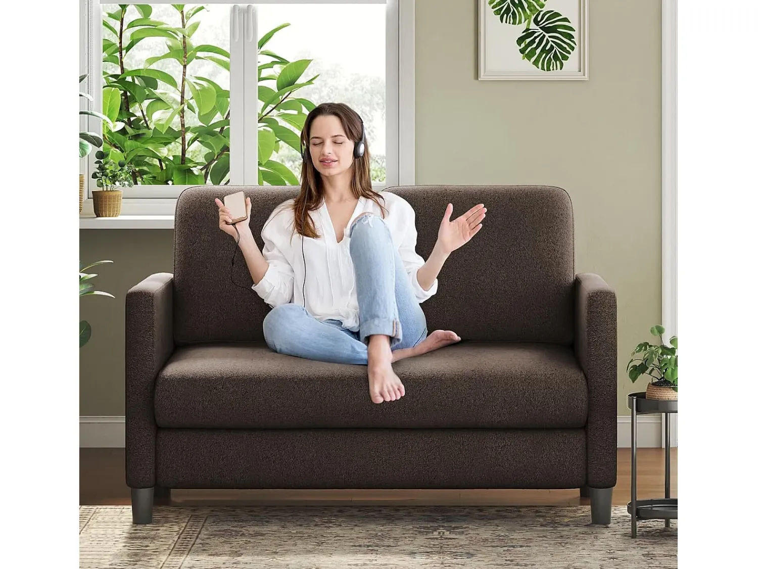 Sofá|DripeX Sofá de veludo marrom e confortável de 2 - Sofá de veludo marrom, com assento profundo de 55cm e apoios de braços - 128x78x89cm Castanho