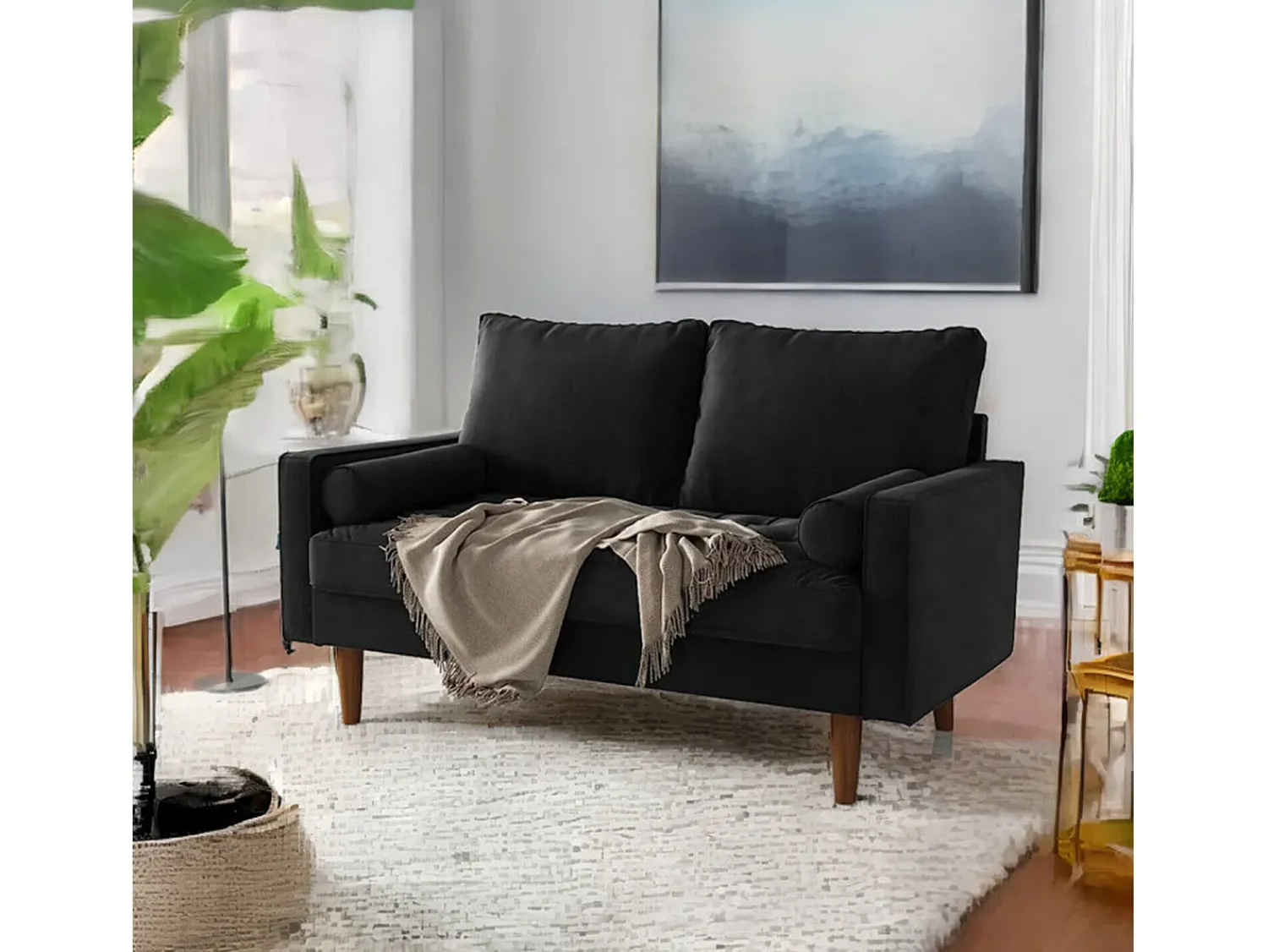 Sofá|DripeX Sofá de veludo de 2 - sofá, sofá moderno da sala de estar, com apoios de braços cônicos e pés, uma parte de baixo - 148,5x78x85cm Preto
