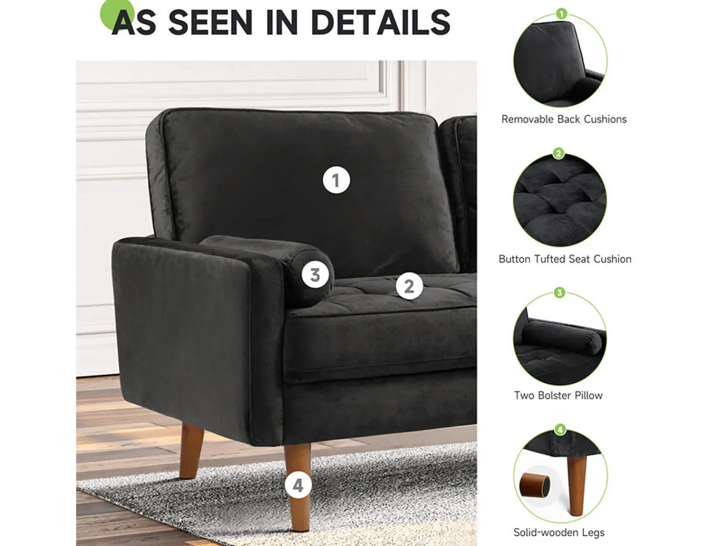 Sofá|DripeX Sofá de veludo de 2 - sofá, sofá moderno da sala de estar, com apoios de braços cônicos e pés, uma parte de baixo - 148,5x78x85cm Preto