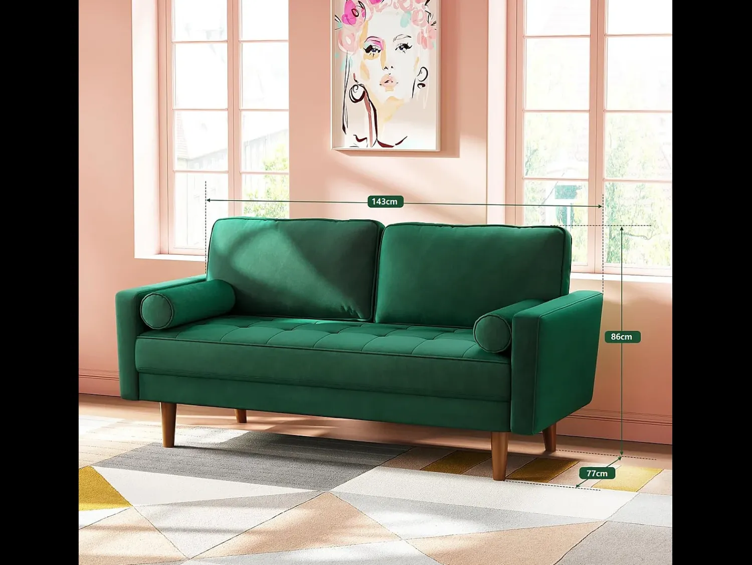 Sofá|DripeX Sofá de veludo moderno de 2 -setores, apoios de braços acolchoados, madeira maciça, madeira macia, 143x77x86cm Verde